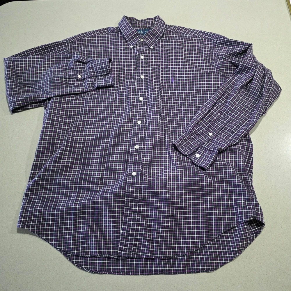 Ralph Lauren Blake Men XL Purple Navy Plaid Button Down Cotton Shirt Long Sleeve